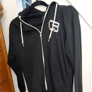 Black Zip-Up Hoodie with White Drawstrings and Logo